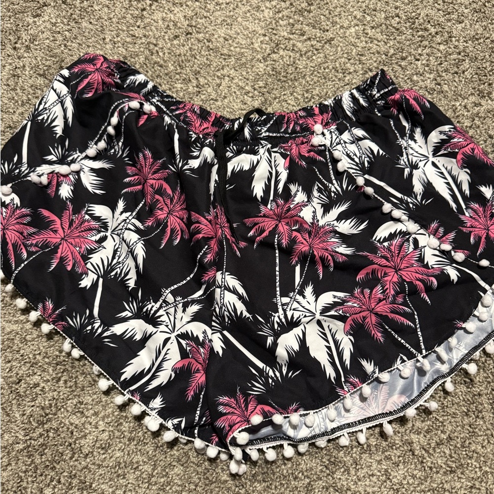 Pink and Black Palm Tree Swim Coverup with Tassel Trim